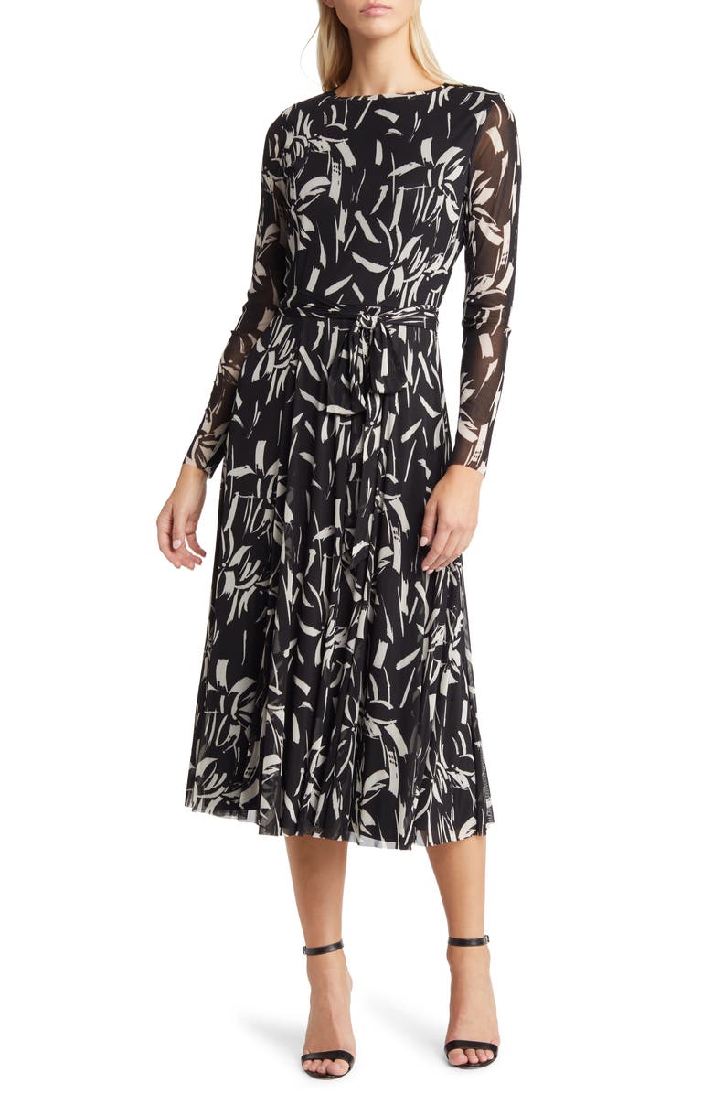 Anne Klein Abstract Print Tie Waist Long Sleeve Mesh Midi Dress, Main, color,