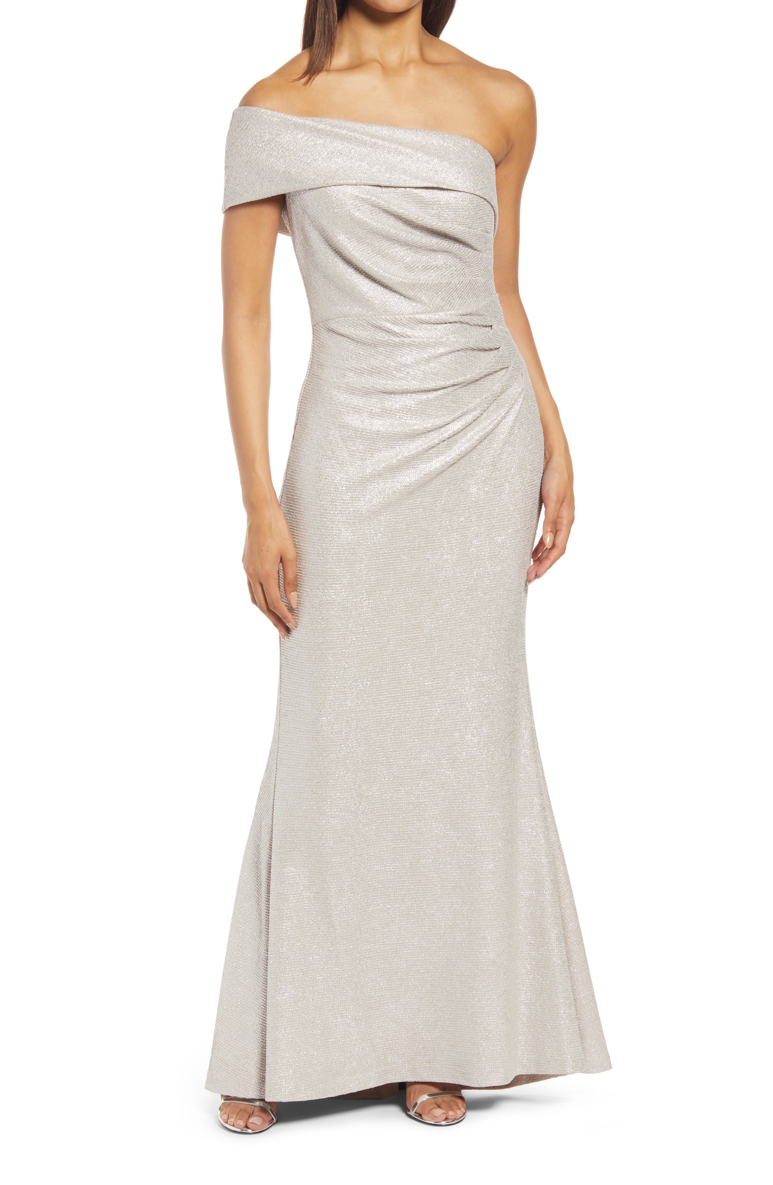 Eliza J One-Shoulder Glitter Mermaid Gown in Beige 