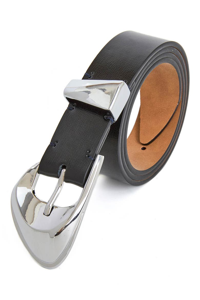 Bold Metal Buckle Leather Belt, Alternate, color, BLACK AND SILVER
