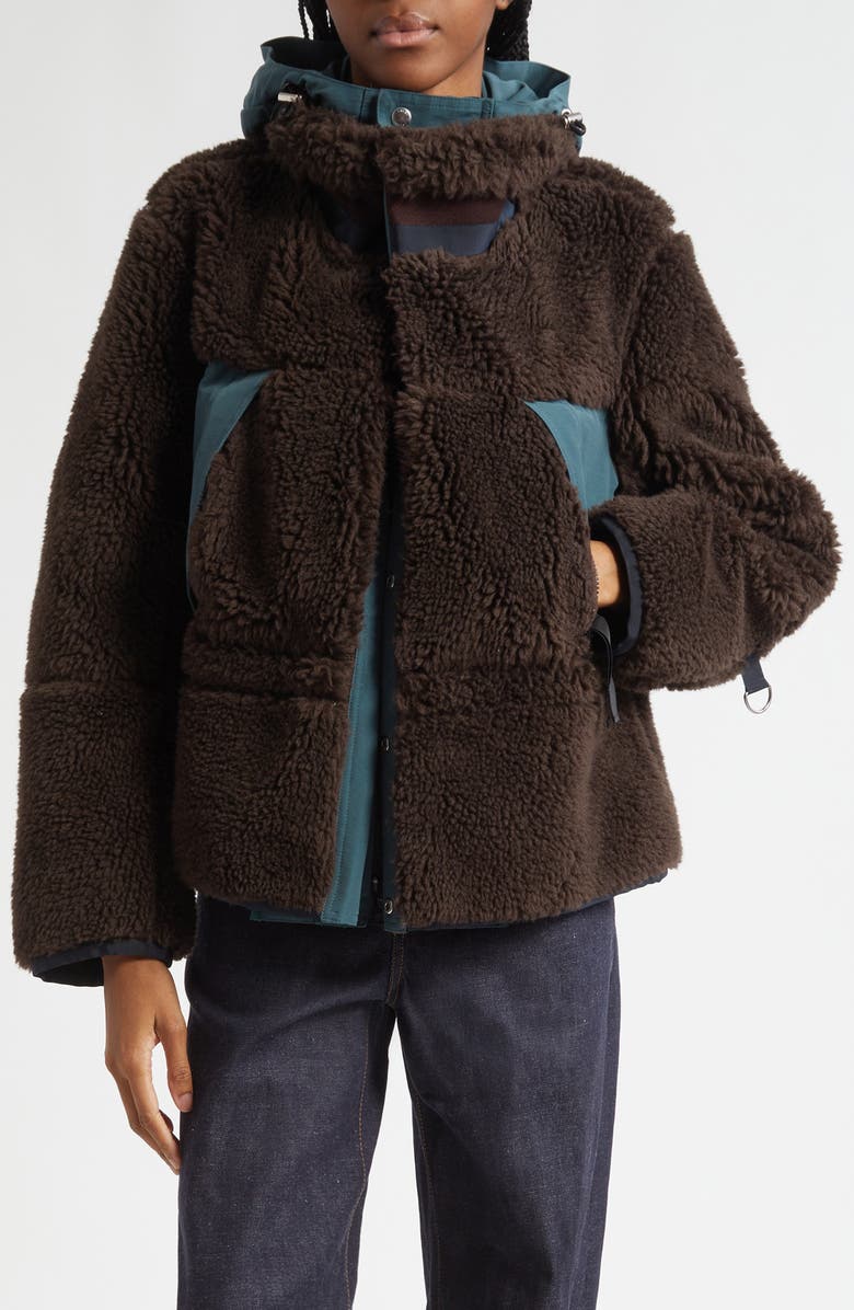 Sacai Mixed Media Faux Shearling Jacket, Main, color, Brown/ Green