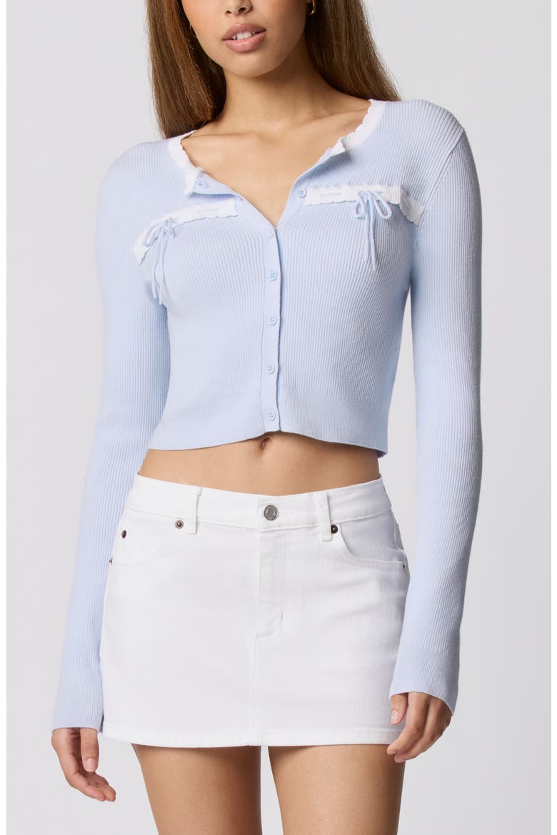 Baby Bow Rib Knit Button Front Crop Cardigan, Main, color, HALOGEN BLUE