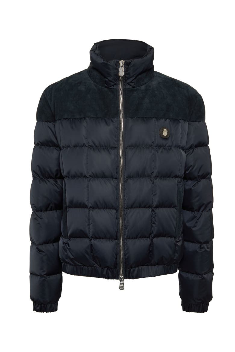 Puffer Down Jacket With Leather Inserts Men, Main, color, navy