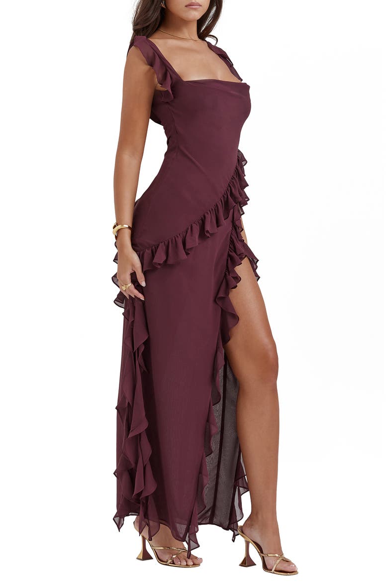 Ariela Ruffle Side Slit Gown, Alternate, color, MULBERRY