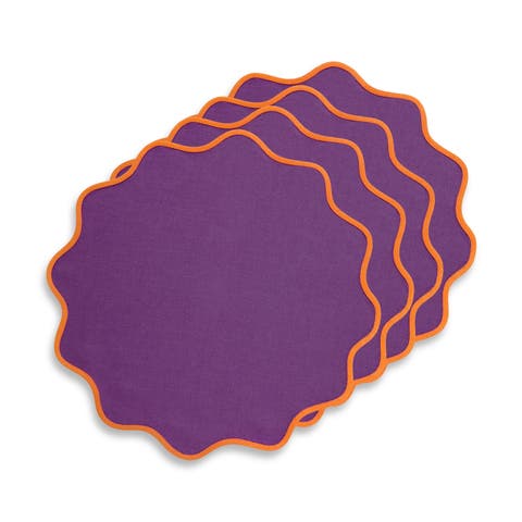 Linen Placemats Set of 4, 16 Inch Round for Dining Table, Holiday and Everyday Table Decor - Giselle Scallop Edge