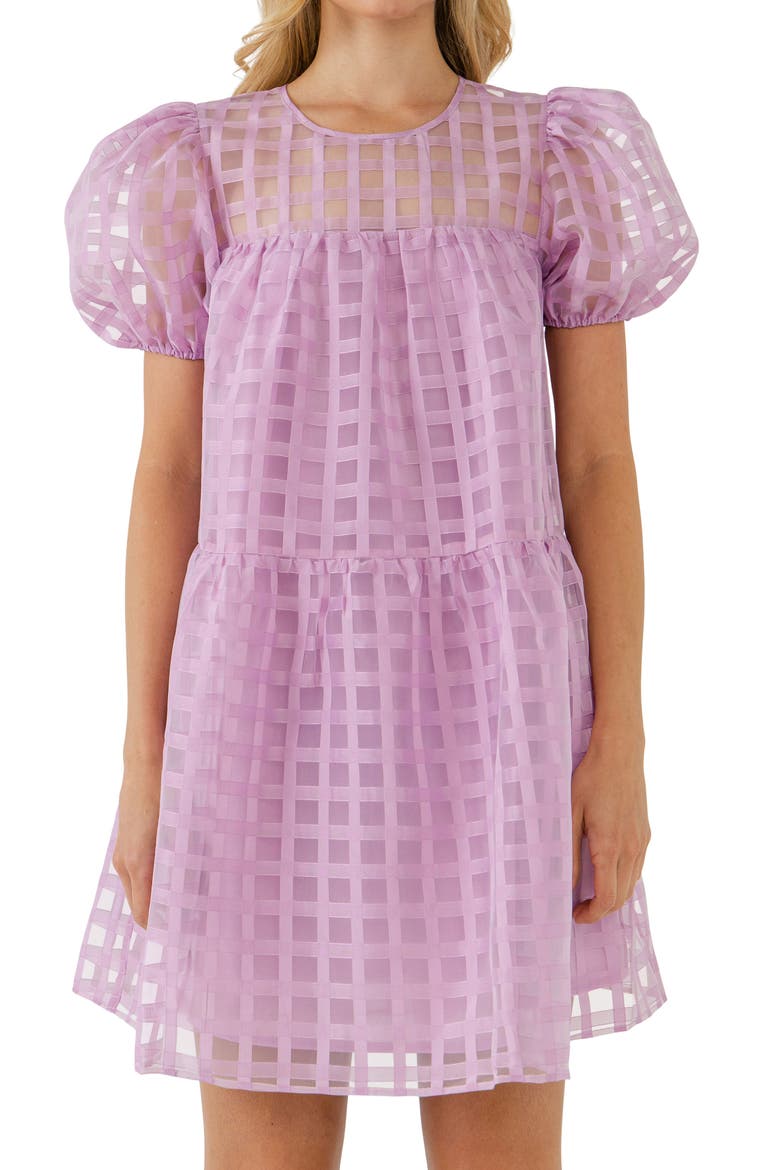 Gridded Puff Sleeve Dress, Alternate, color, LILAC