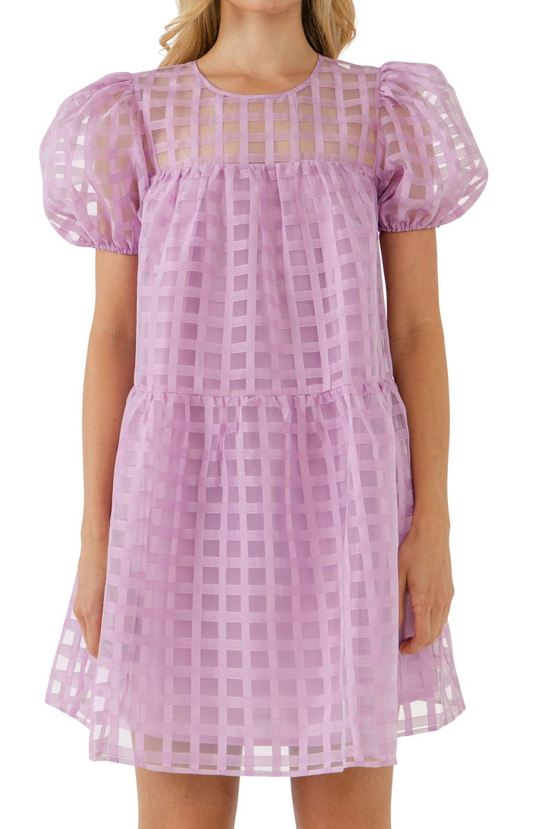Gridded Puff Sleeve Dress