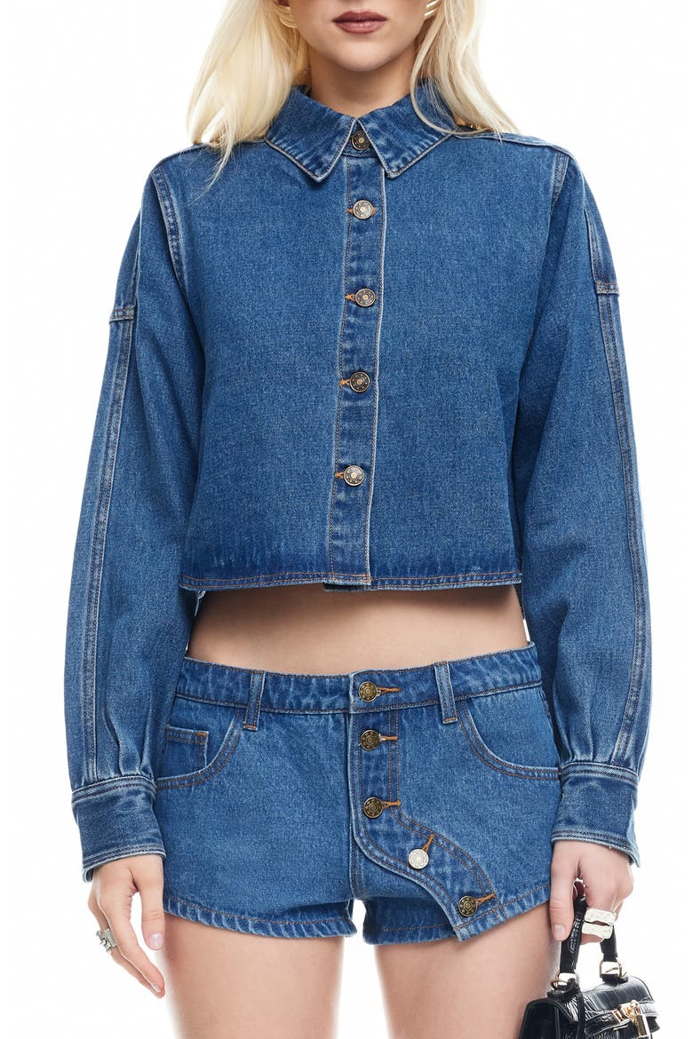 Sundrenched Denim Crop Button-Up Shirt, Main, color, MID WASH