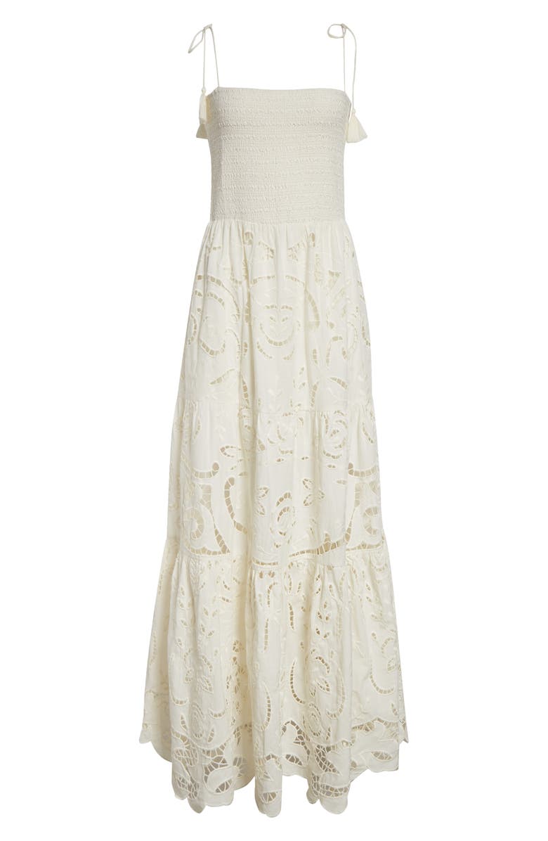 Alice + Olivia Marina Mixed Media Tiered Cotton & Linen Maxi Dress, Alternate, color, Off White