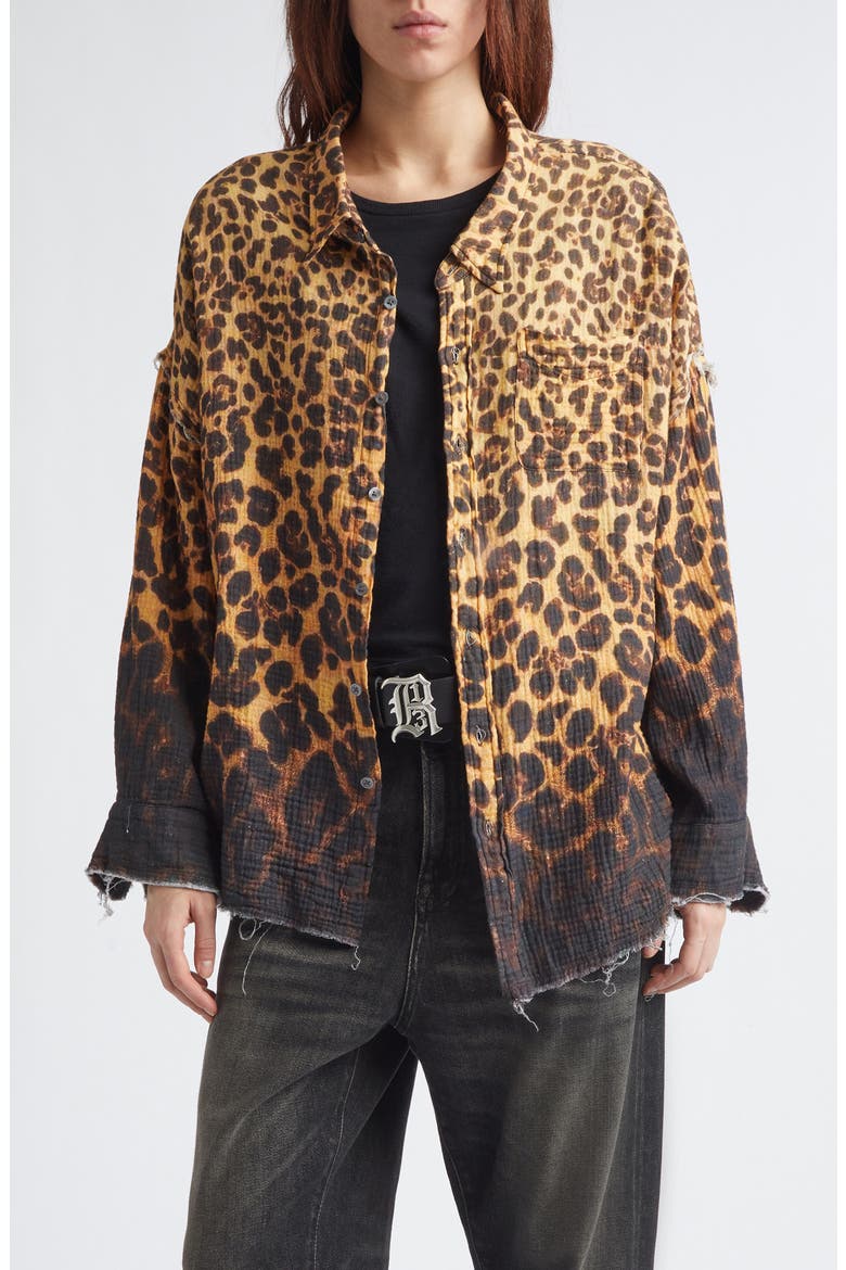 Oversize Shredded Seam Drop Neck Leopard Print Button-Up Shirt, Main, color, DIPPED BROWN LEOPARD