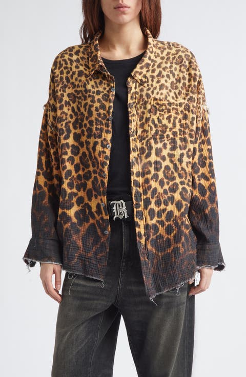 Oversize Shredded Seam Drop Neck Leopard Print Button-Up Shirt