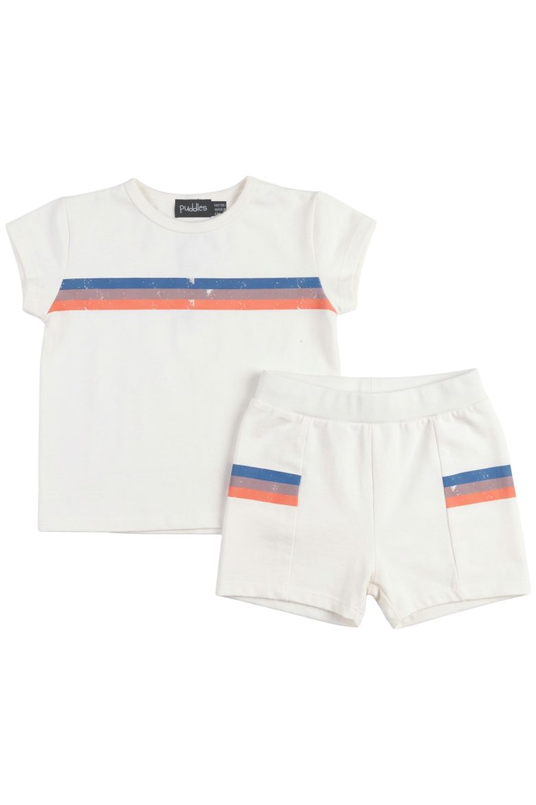 Multi Color Stripe Short Sleeve Top & Elastic Waist Shorts 2 Piece Set, Main, color, Ivory