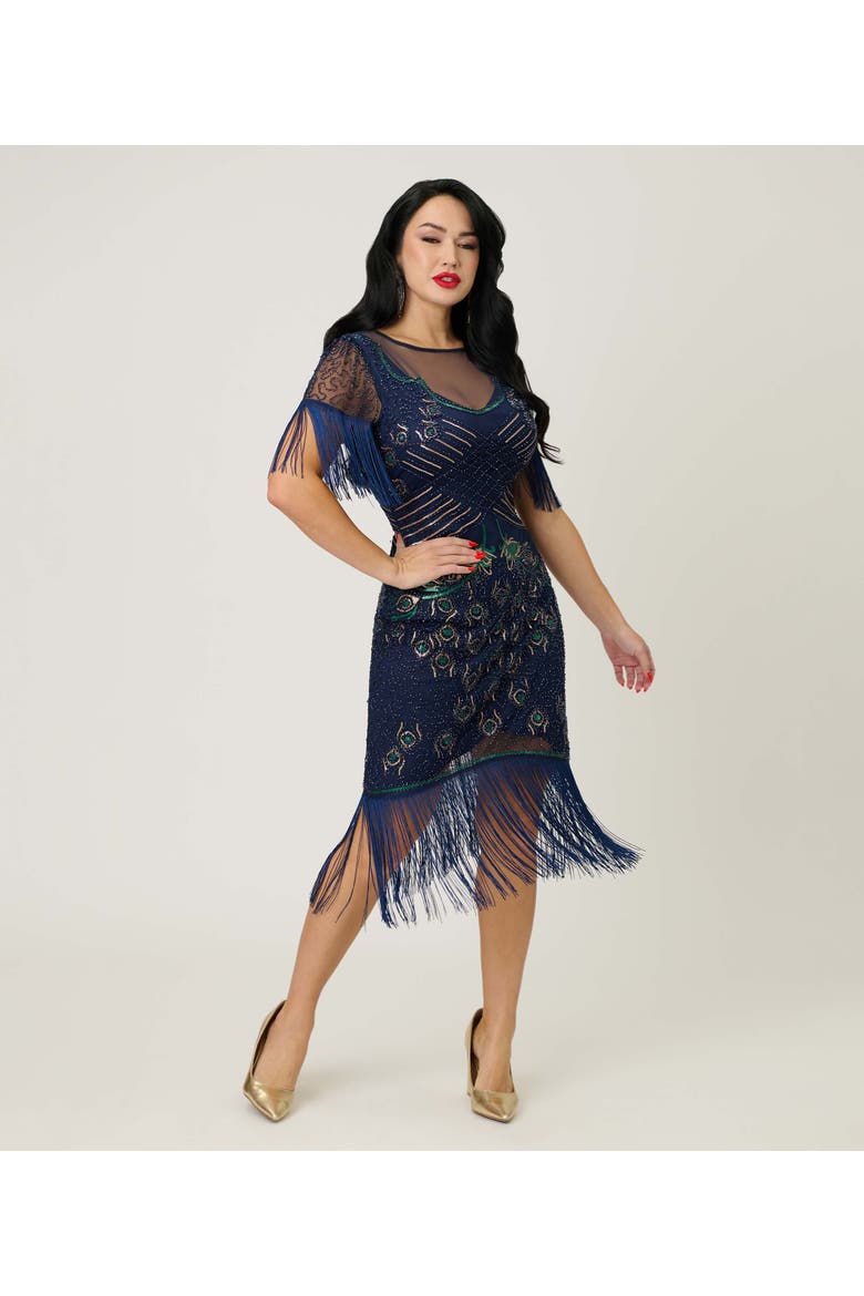 Beaded Nadine Fringe Flapper Dress, Main, color, Blue & Green Peacock Beaded