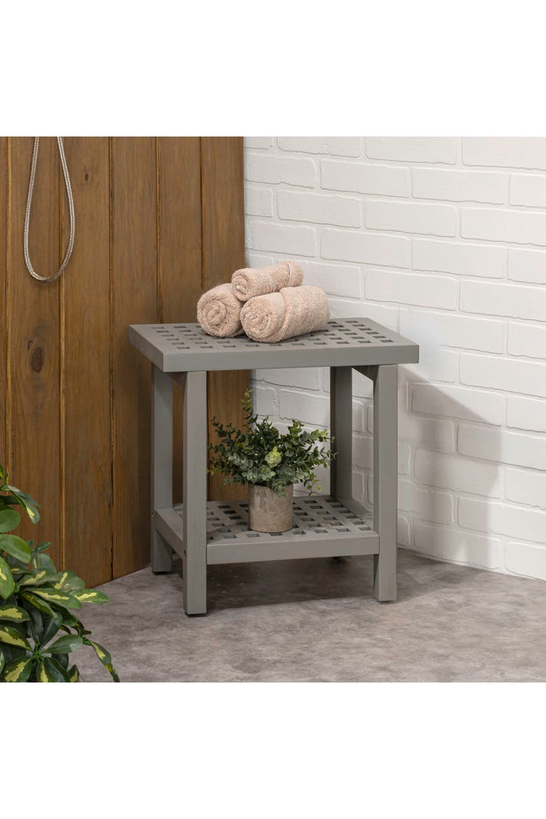 Armin Modern Acacia Wood Shower Stool with Storage Shelf, Heavy Duty Slatted Bath Spa Bench for Bathroom, Shower Entryway, Alternate, color, Gray