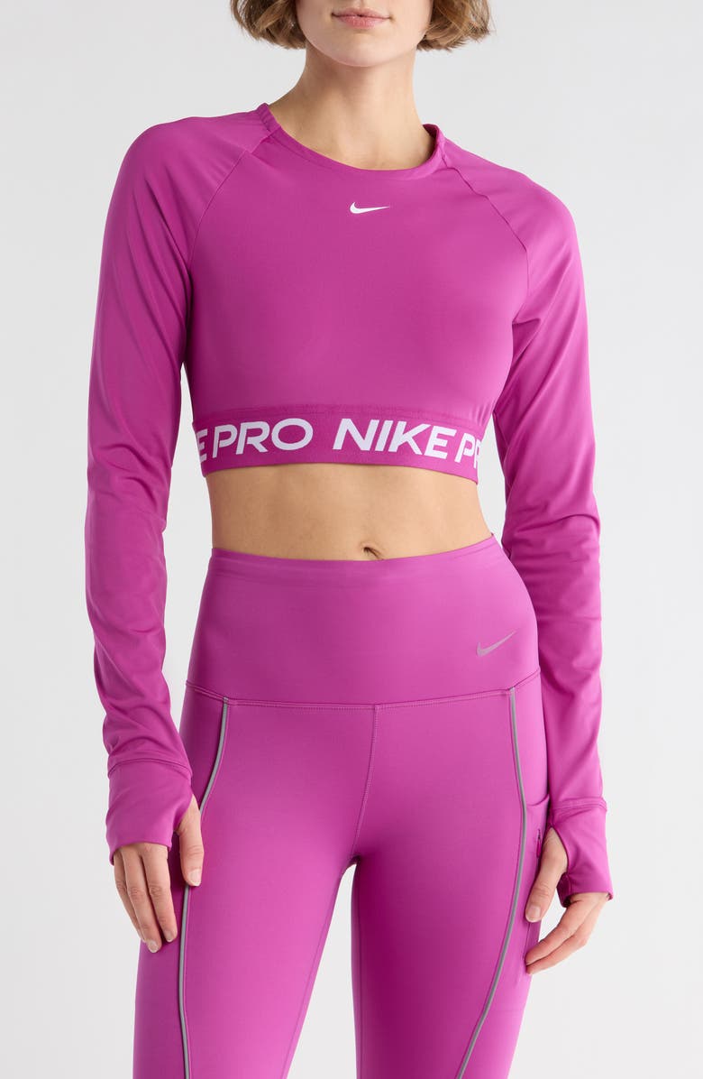 Nike Pro 365 Dri-FIT Long Sleeve Crop Top, Main, color, Hot Fuchsia/ White