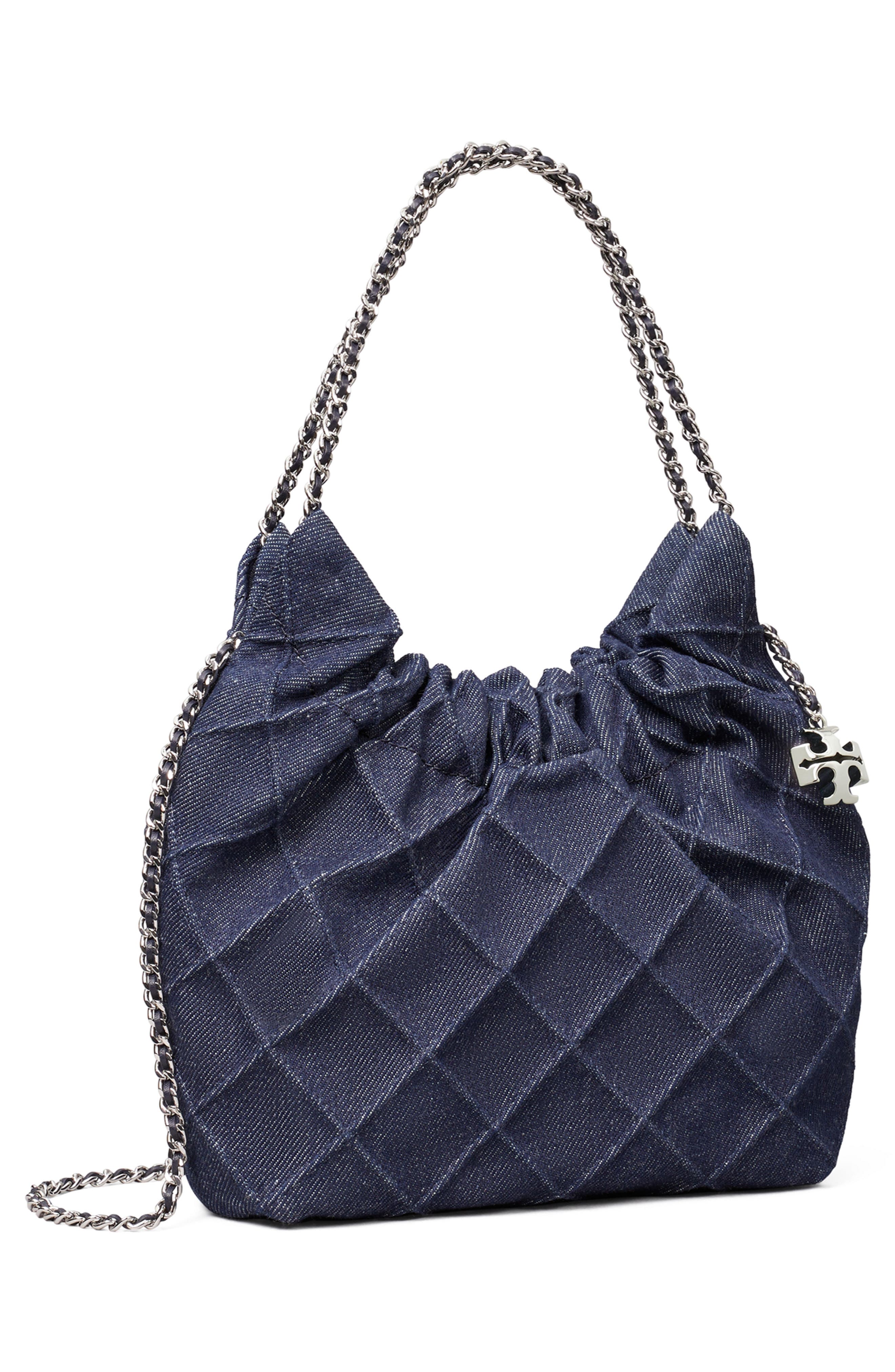 Tory Burch Mini Fleming Quilted Denim Hobo Bag, Alternate, color, Blue