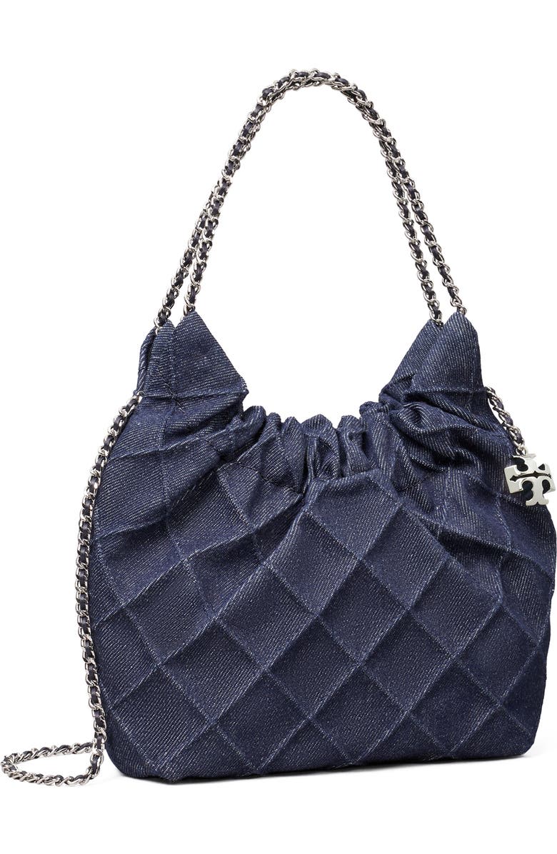 Tory Burch Mini Fleming Quilted Denim Hobo Bag, Alternate, color, Blue