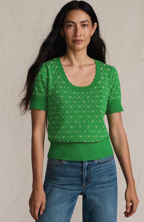 Fine Gauge Cotton Jacquard Scoop Neck Sweater