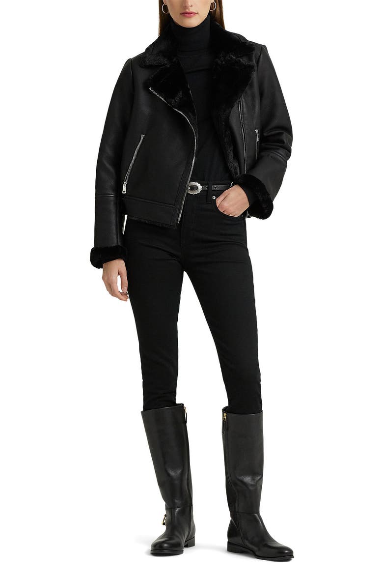 Nappa Faux Leather Moto Jacket with Faux Shearling Lining, Alternate, color, BLACK
