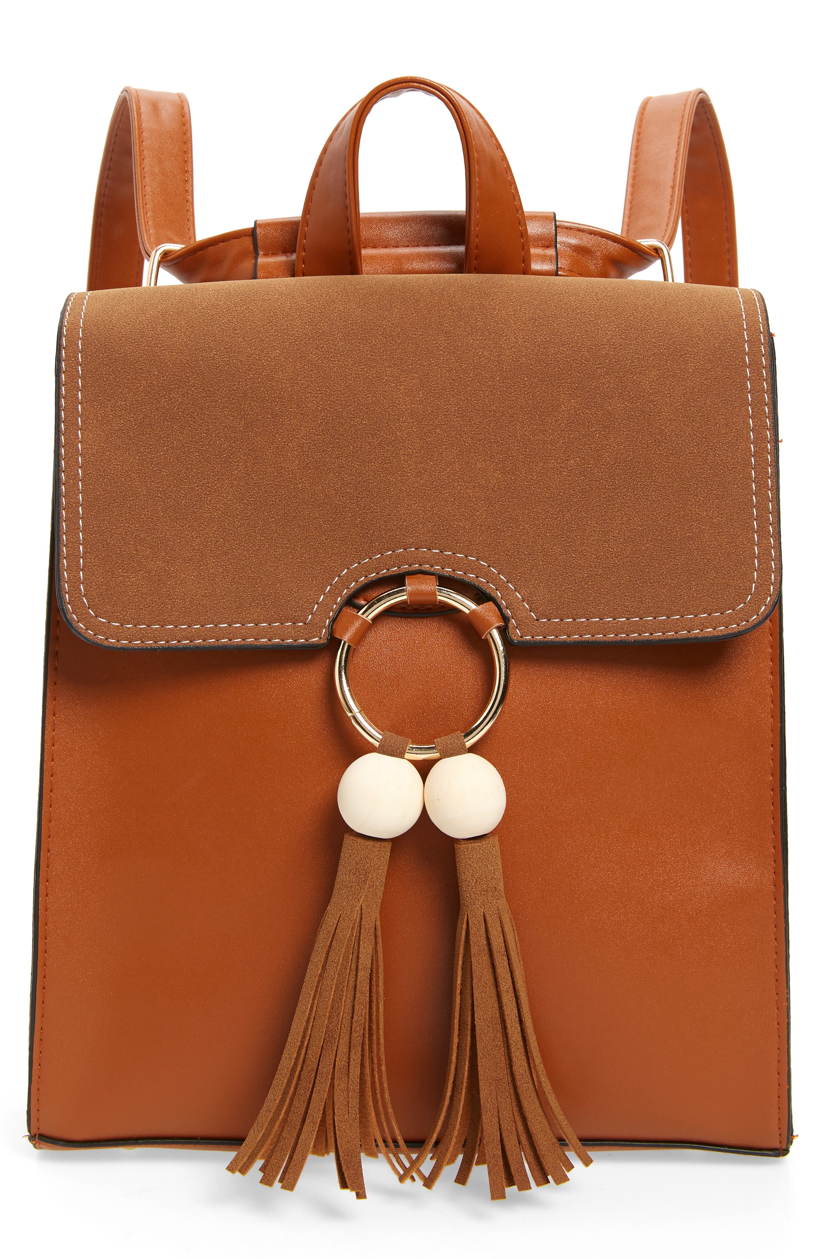 Beaded Tassel Faux Leather Backpack, Main, color, BROWN
