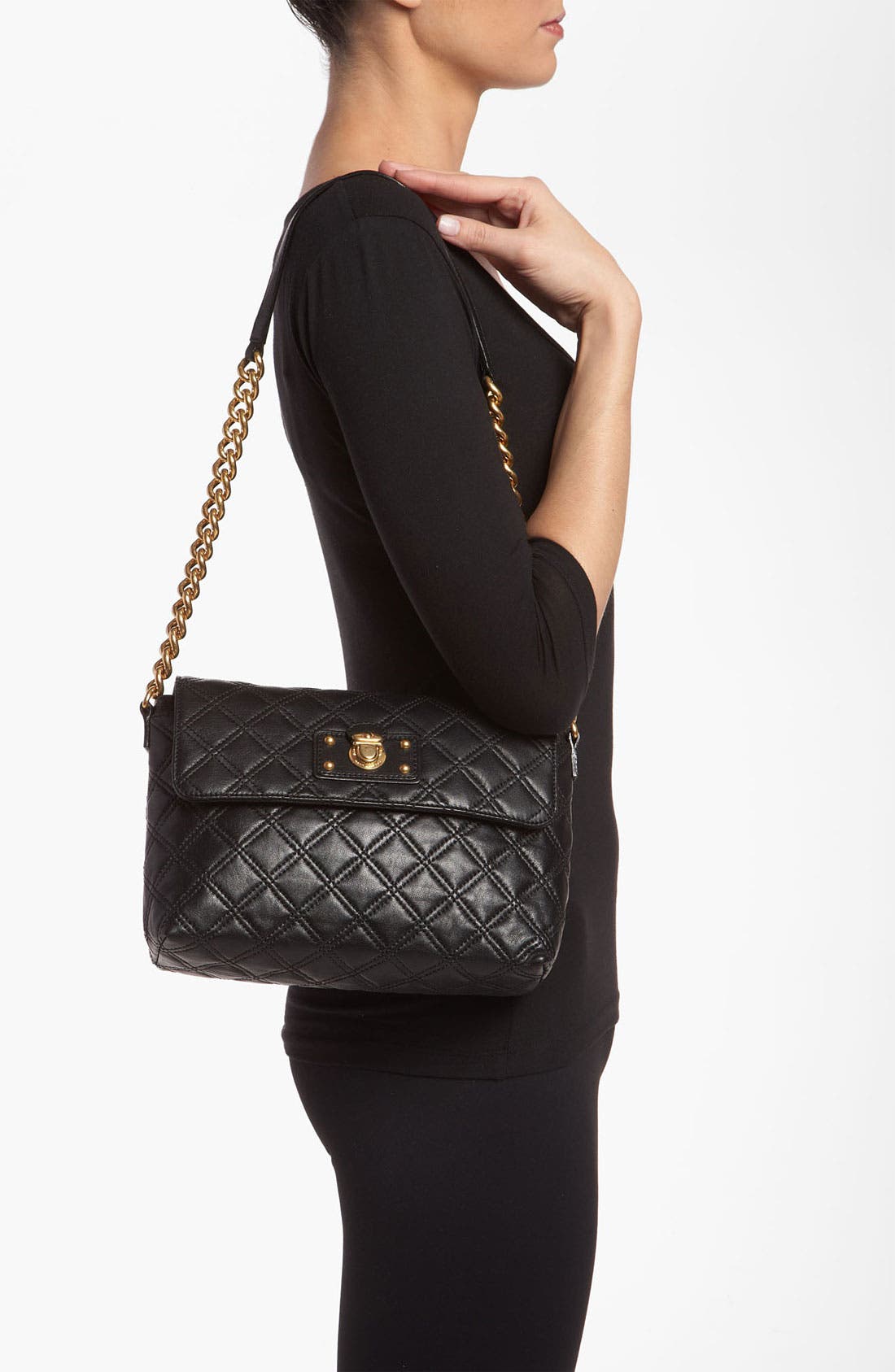 'Large Quilting Single' Leather Shoulder Bag, Alternate, color, BLACK/ BRASS