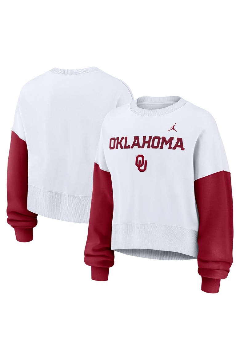 Women's Jordan Brand White Oklahoma Sooners Color-Block Oversized Cropped Pullover Sweatshirt, Main, color, White
