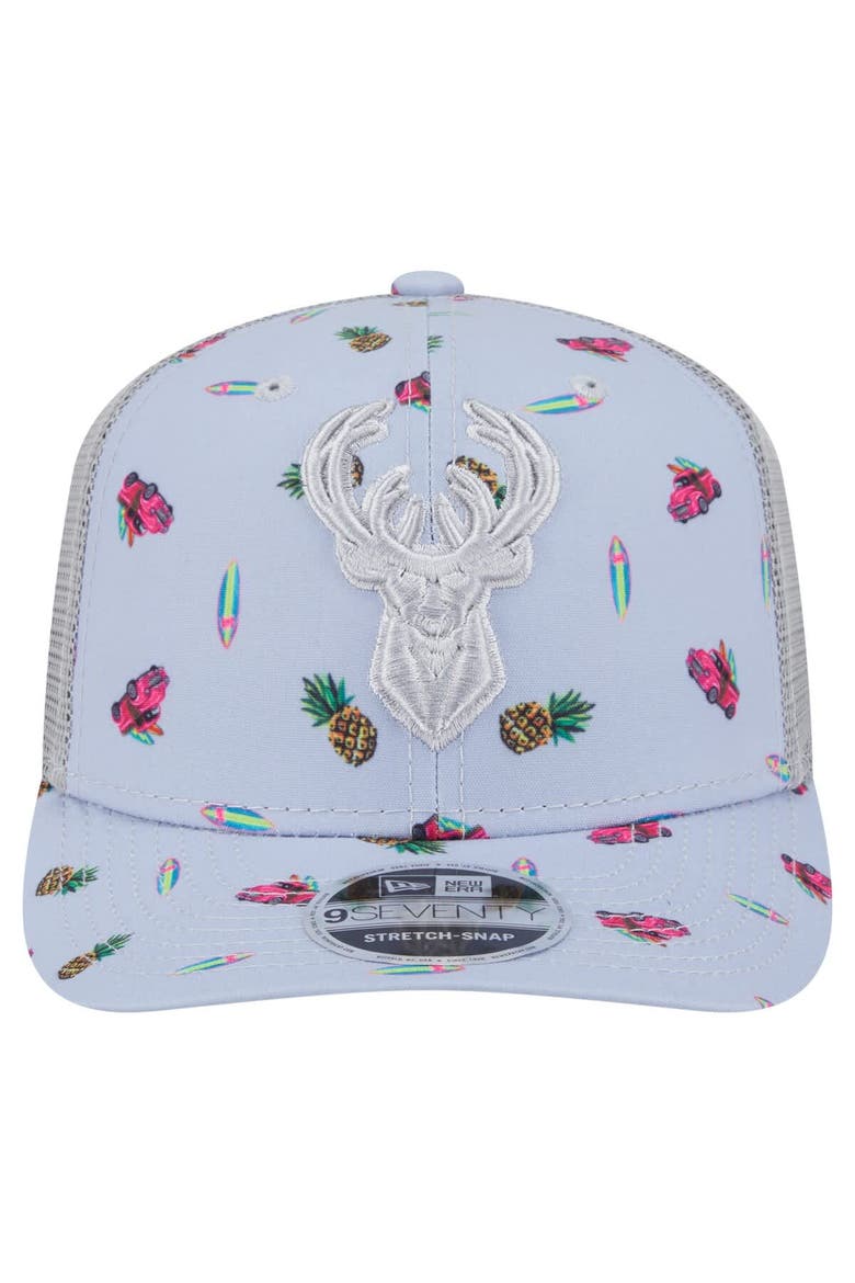 Men's New Era Light Blue/Gray Milwaukee Bucks Adventure Aloha Pattern 9SEVENTY Stretch-Snap Hat, Alternate, color, Light Blue