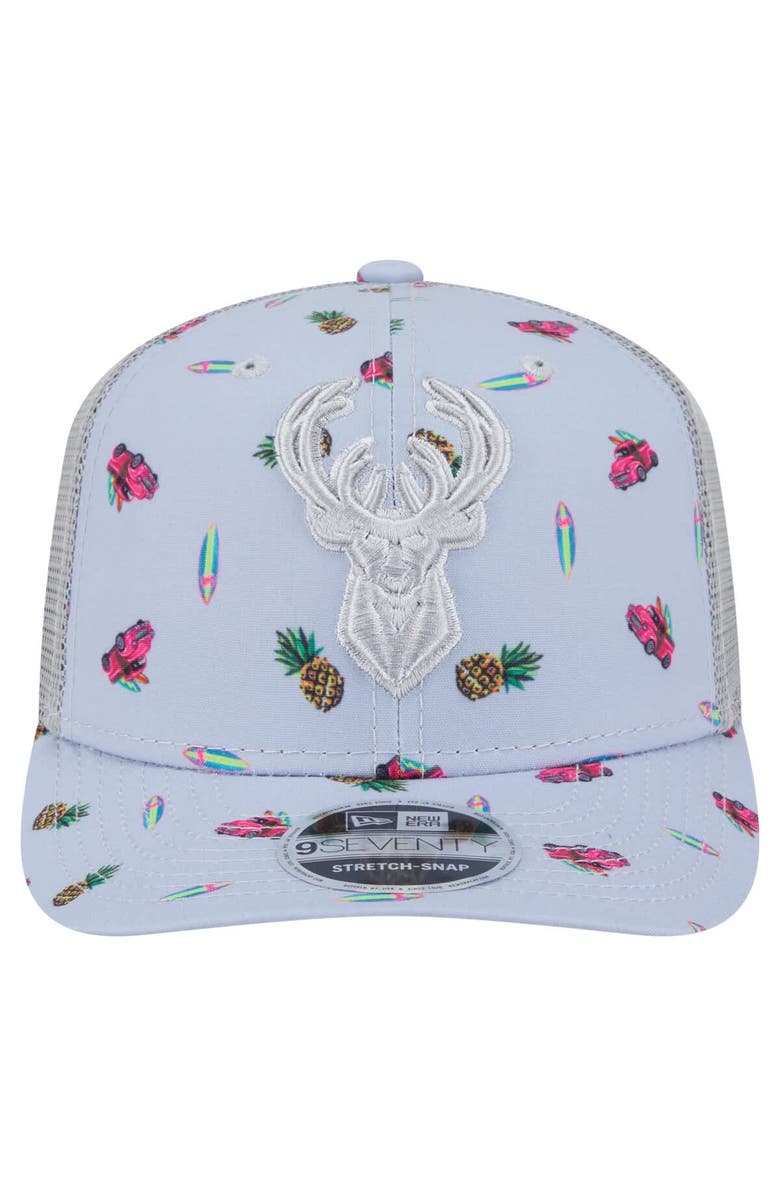 New Era Men's New Era Light Blue/Gray Milwaukee Bucks Adventure Aloha Pattern 9SEVENTY Stretch-Snap Hat, Alternate, color, Light Blue