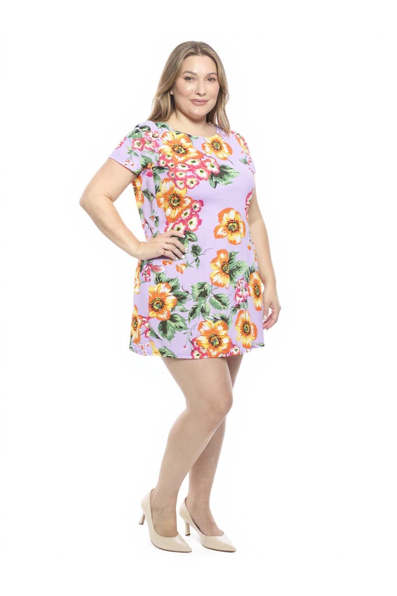 Plus Size Floral Short Sleeve Round Neck Mini Shift Dress, Alternate, color, Lilac Multi