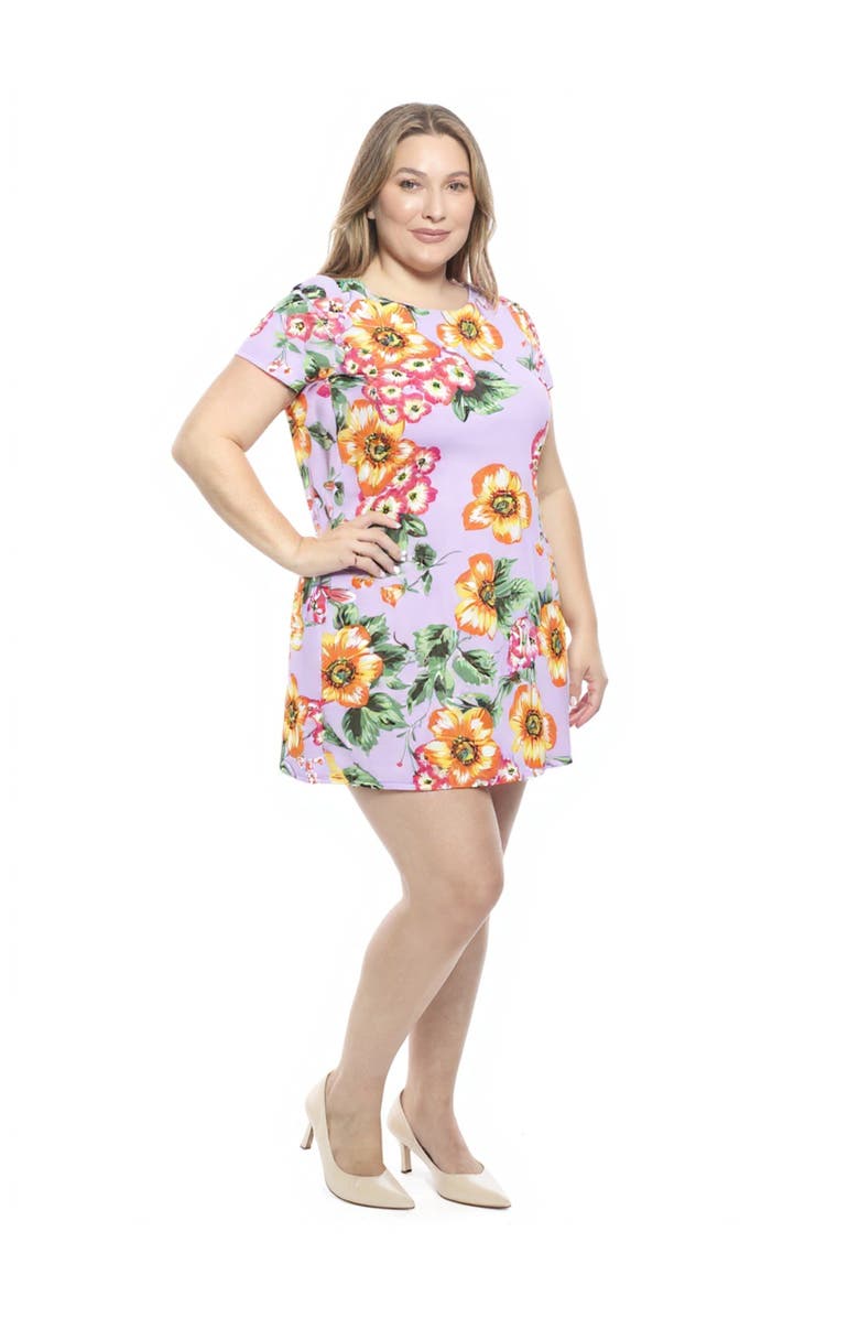 24seven Comfort Apparel Plus Size Floral Short Sleeve Round Neck Mini Shift Dress, Alternate, color, Lilac Multi