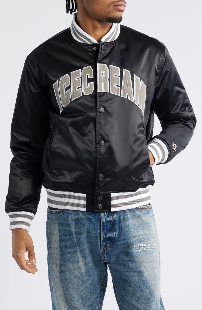 ICECREAM University Satin Graphic Snap-Up Jacket, Alternate, color, Black