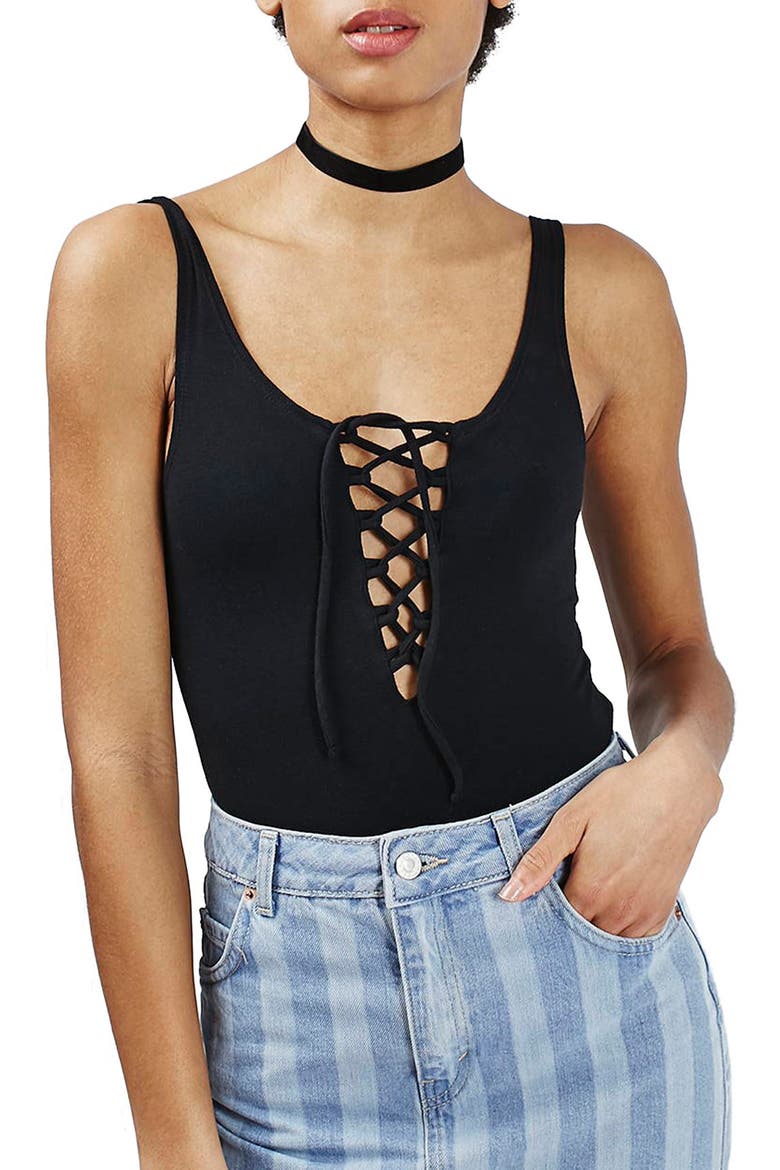 Lace-Up Sleeveless Bodysuit, Main, color, BLACK