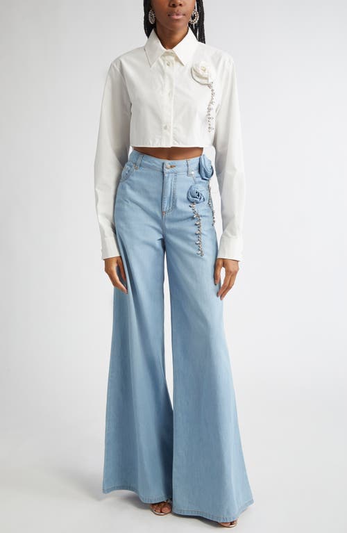Area Crystal Rosette Crop Poplin Button-up Shirt In Off White