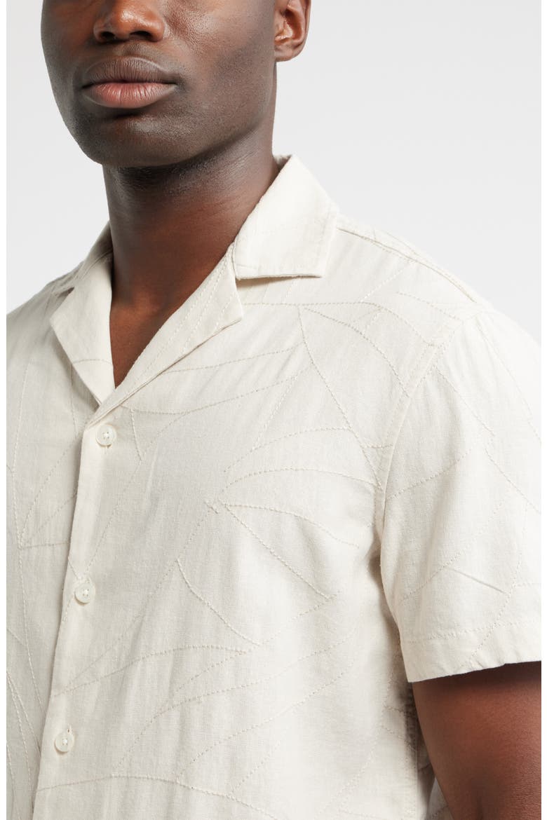 Embroidered Leaves Short Sleeve Linen Blend Button-Up Shirt, Alternate, color, BEIGE STITCHED LEAVES
