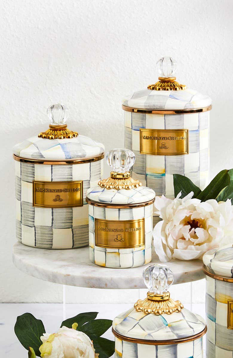 MACKENZIE CHILDS Sterling Check Enamel Set of 3 Canisters with Lids, Alternate, color, Sterling