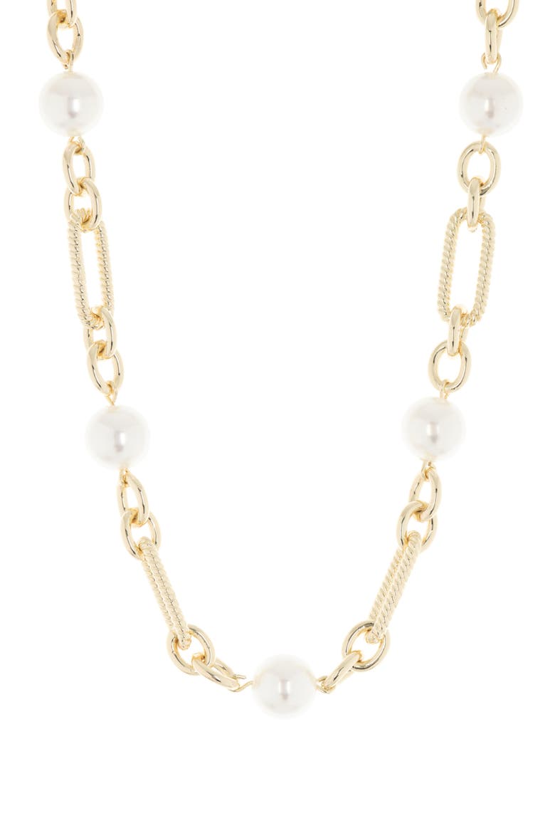 18K Gold Plate Synthetic Pearl Chain Necklace, Main, color, 18KT YELLOW PLATED BRASS