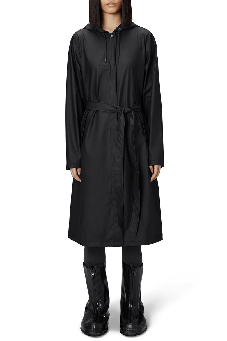 Waterproof A-Line Long Raincoat, Main, color, BLACK