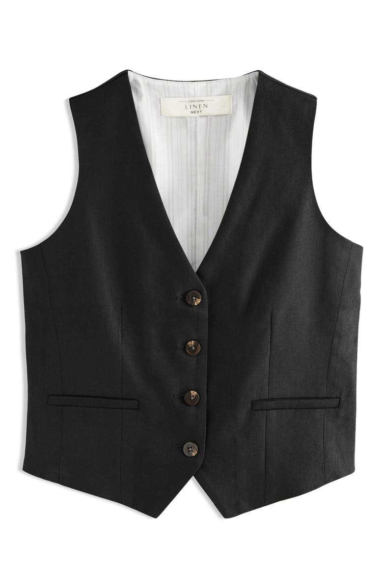 Button Through Linen Vest, Alternate, color, BLACK