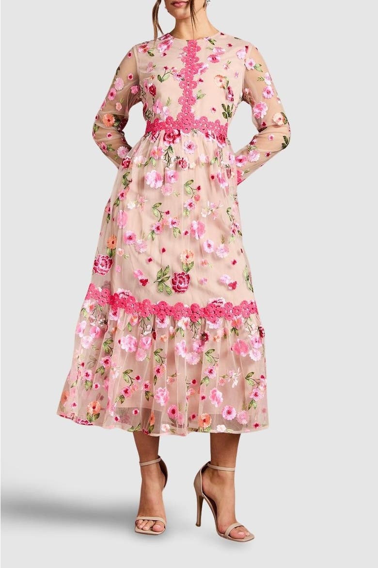 Embroidered Floral Midi Dress, Alternate, color, Nude