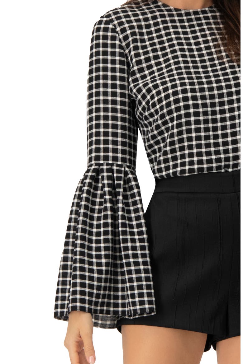 Check Blouse with Puffed Sleeves, Alternate, color, Black