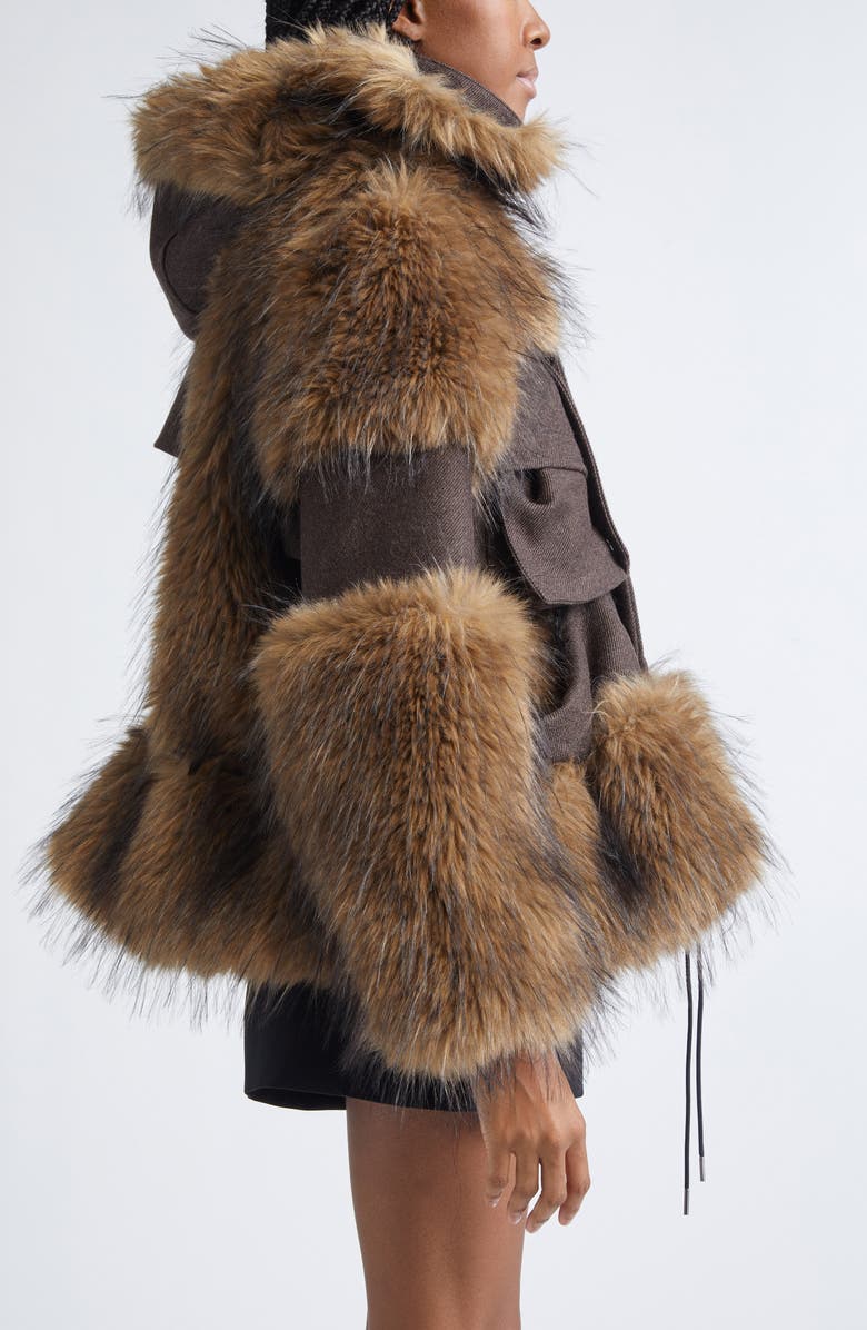 Sacai Melton Wool & Faux Fur Jacket, Alternate, color, Brown/ Beige