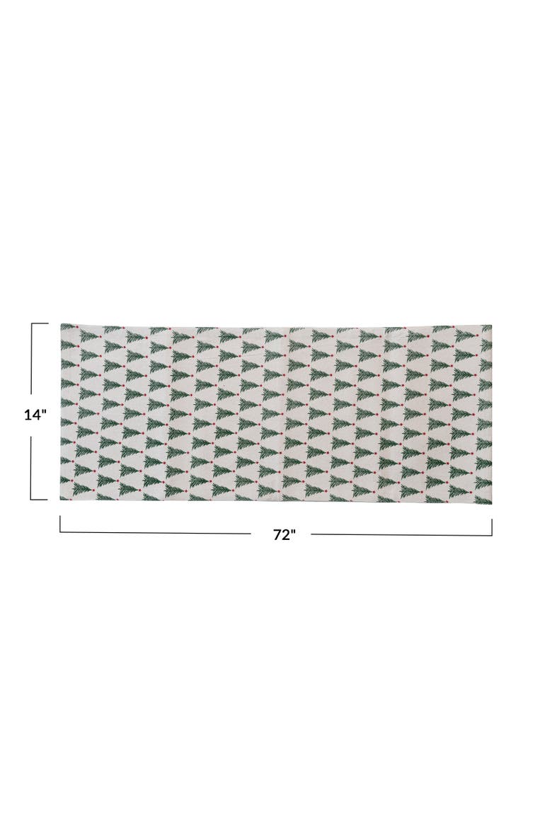 Stonewashed Cotton Printed Table Runner with Christmas Tree Pattern, Alternate, color, Natural; Green