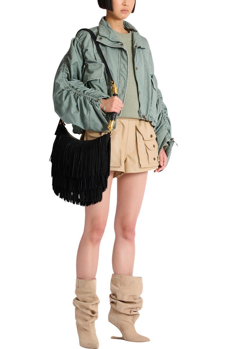 Balmain Ebene Suede Hobo Bag with Fringes, Alternate, color, Black