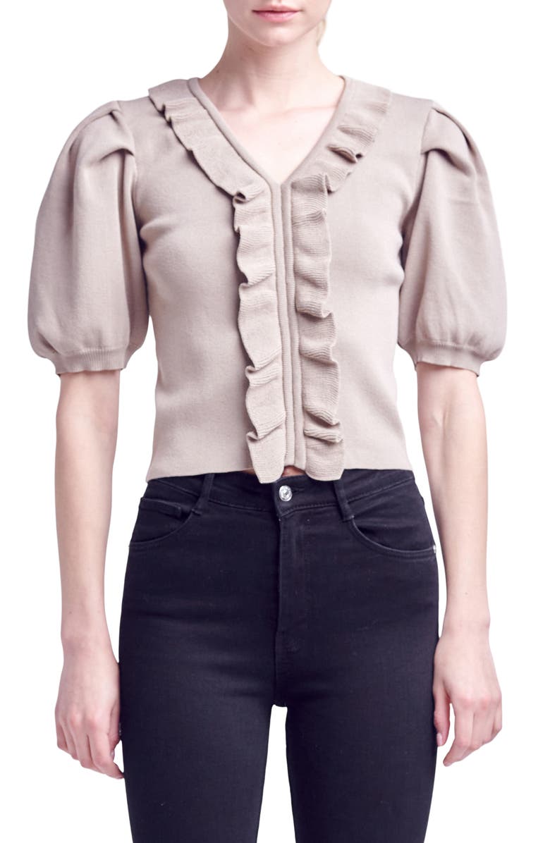 English Factory Ruffle Puff Sleeve Sweater, Main, color, Taupe