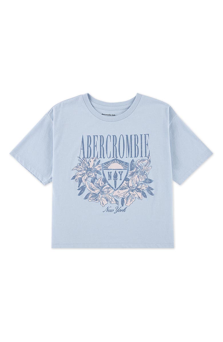 abercrombie kids Kids' Floral Crest Boxy Cotton Blend Graphic T-Shirt, Main, color, Skyway