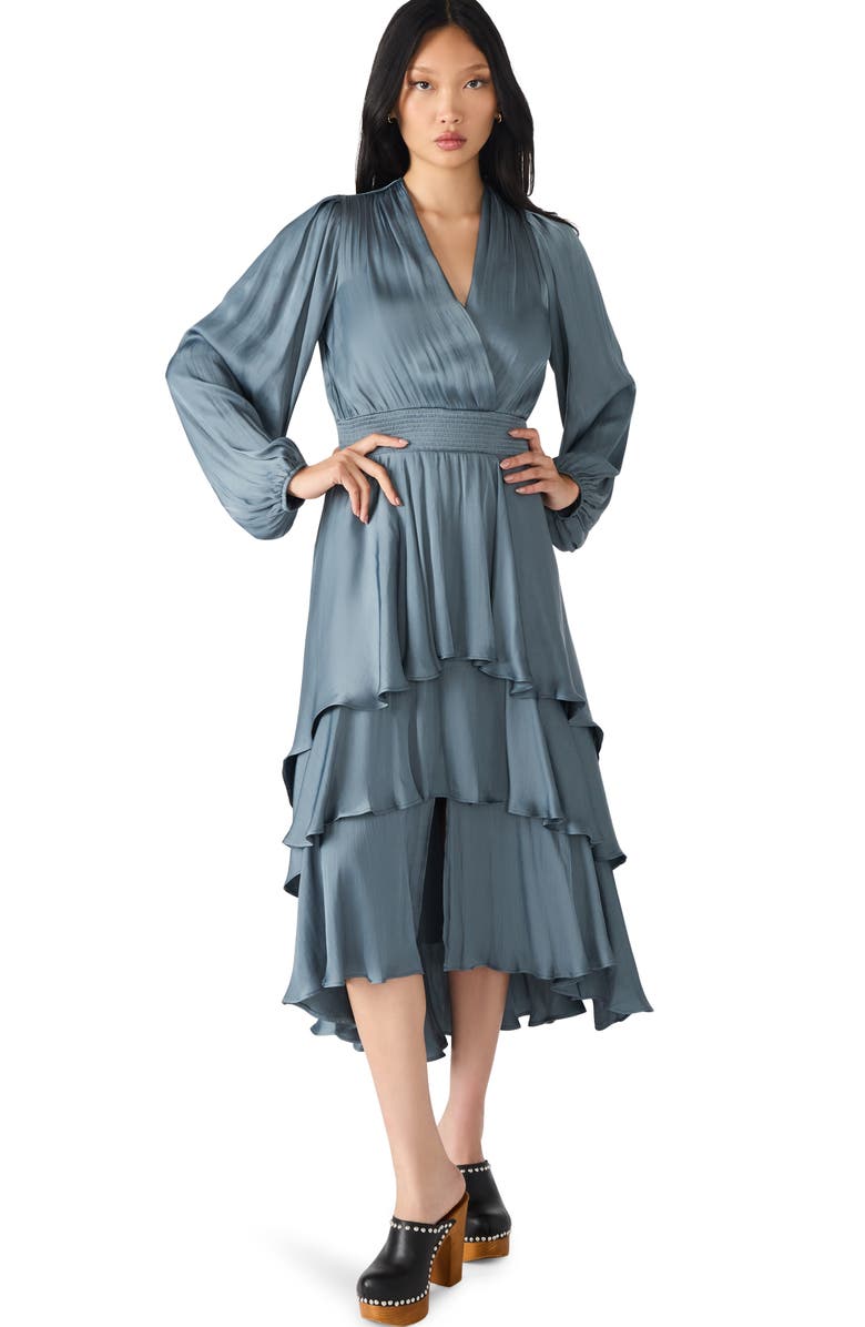 Steve Madden Bei Long Sleeve Tiered Satin Midi Dress, Alternate, color, Cloud Grey