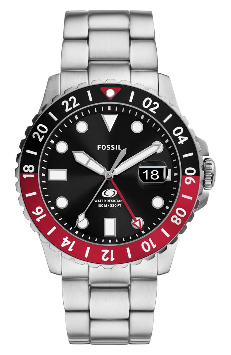 Fossil Red GMT Bracelet Watch, 46mm, Main, color, Silver