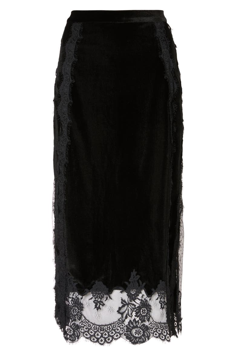 Mila Lace Trim Velvet Midi Skirt, Alternate, color, BLACK
