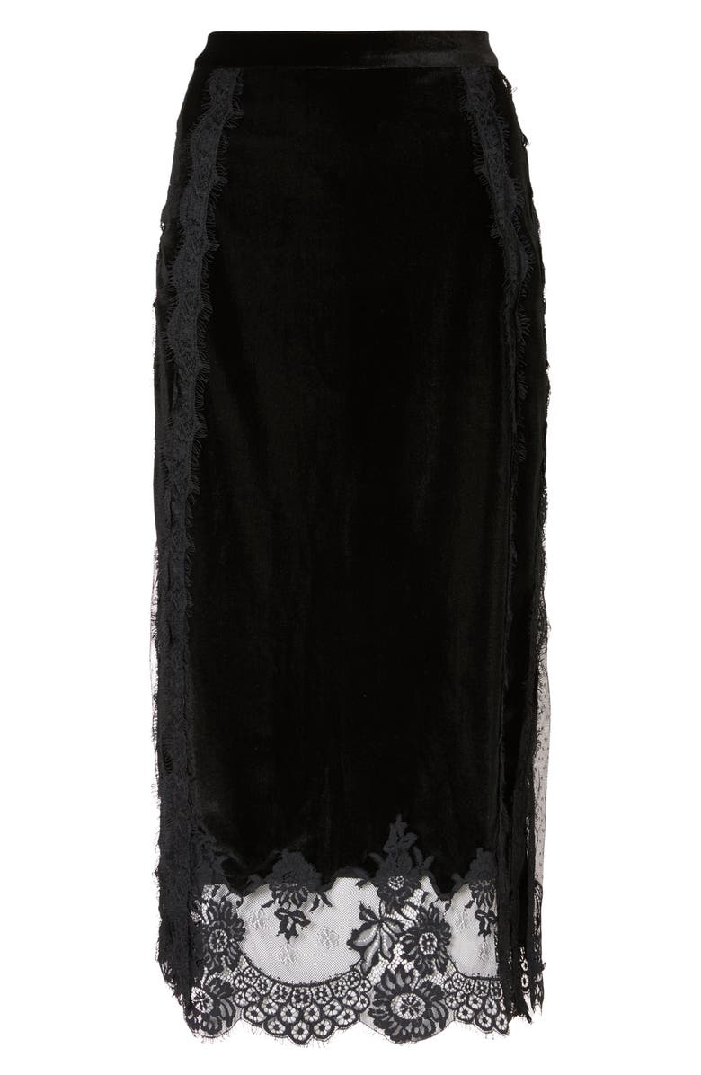 AllSaints Mila Lace Trim Velvet Midi Skirt, Alternate, color,
