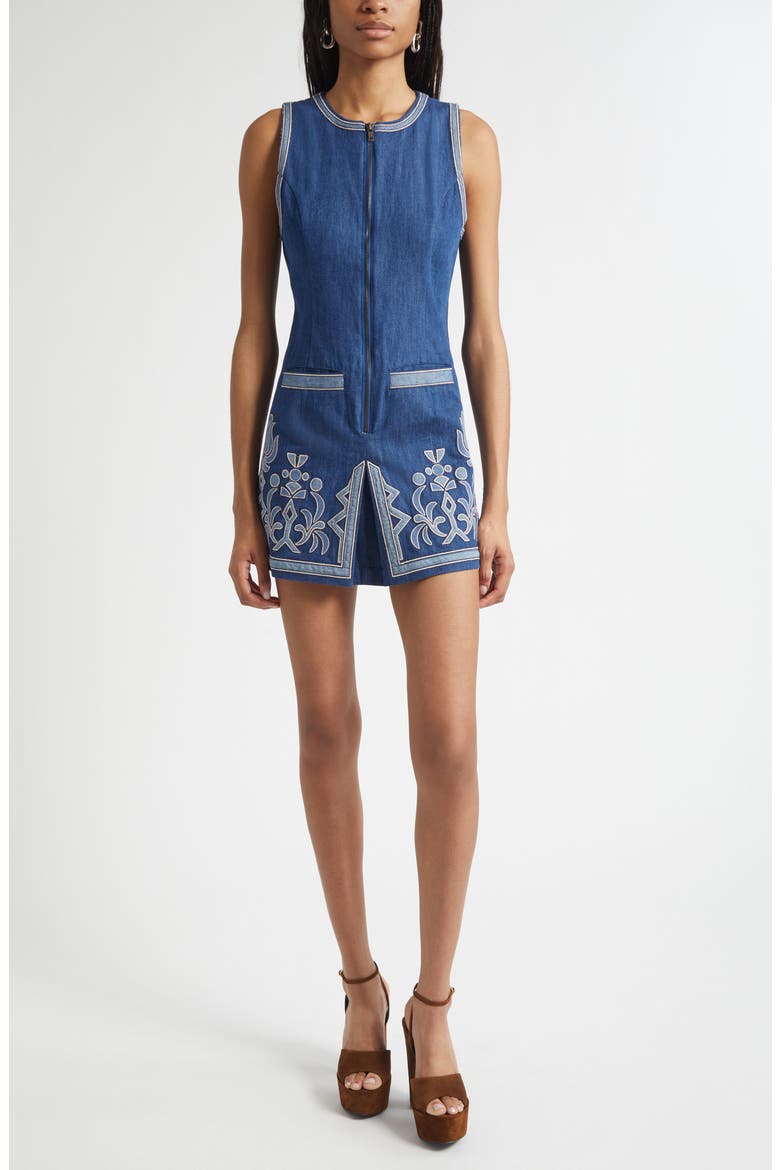 Paulina Embroidered Sleeveless Denim Minidress, Main, color, TONAL EMBROIDERED DENIM