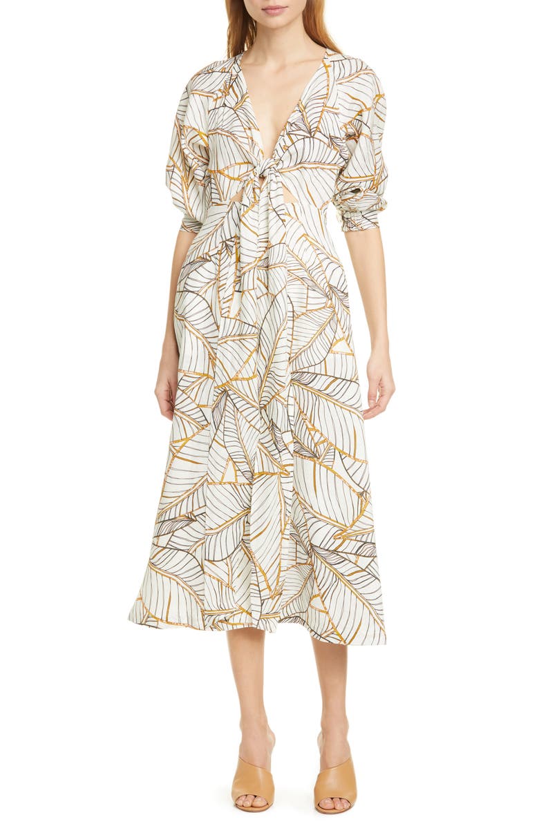 NICHOLAS Asilah Palm Leaf Print Linen Dress, Main, color,